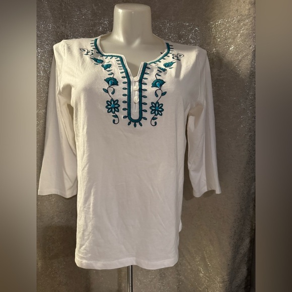 St. John's Bay White and Blue Embroidered Tunic with Mandarin Collar - Picture 1 of 6